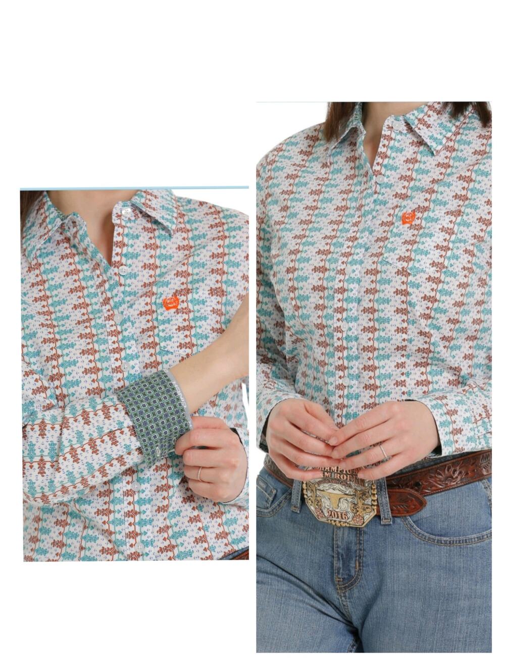 5780)Cinch Women M Geo Floral Print Turquoise Orange Western Long Sleeve Shirt